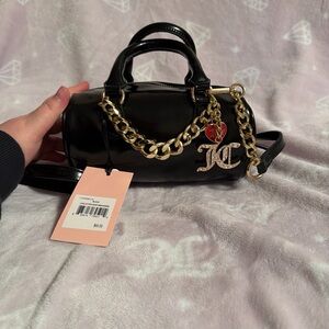 Juicy Couture Black Patent Mini Barrel Bag with Gold Chain Charm